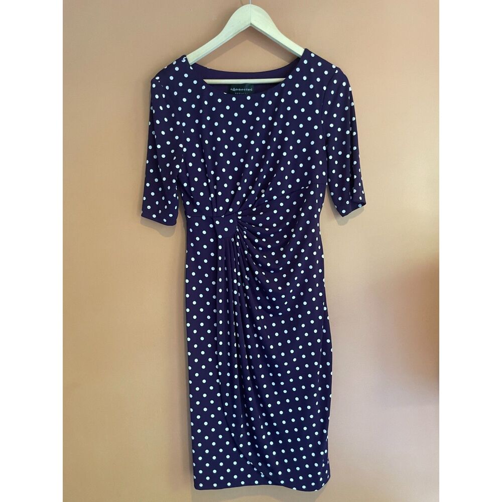 Purple White Polka Dot Faux Wrap Dress Size 8 Ruched Waist Retro Career Sheath